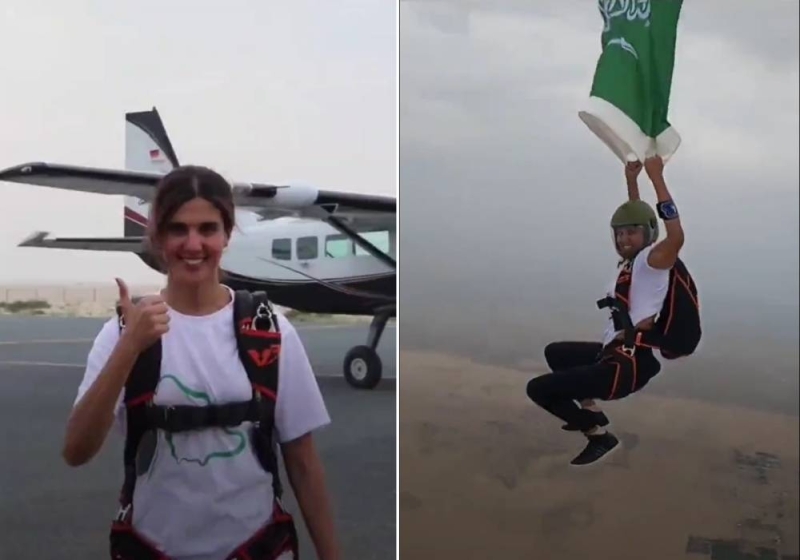 شاهد بالفيديو .. أول سعودية في القفز الحر حاملة علم المملكة 