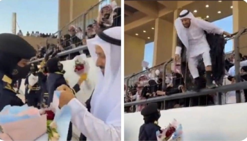 سعودي يقفز من أعلى حاجز ليقدم هذه الهدية لقريبته بمناسبة تخرجها (فيديو)