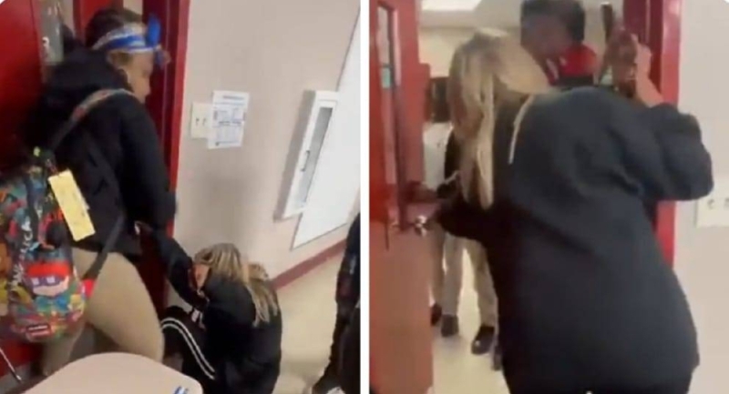 طالب يلكم معلمة بقوة في وجهها بعدما أغلقت الباب على يده (فيديو)