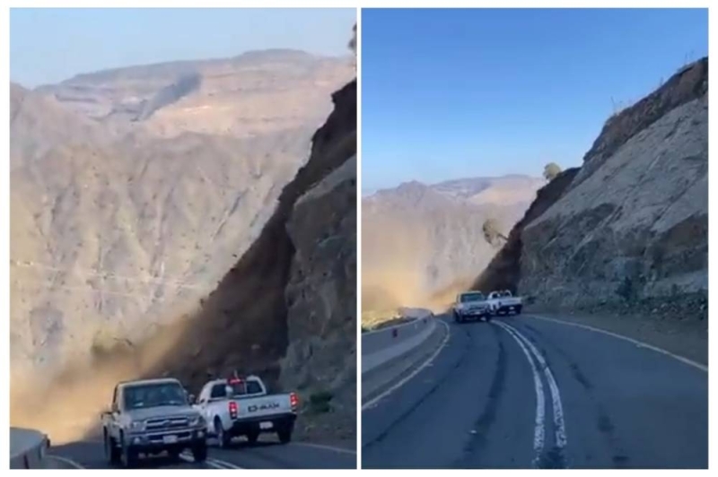 شاهد بالفيديو لحظة انهيار صخري بطريق الجبل الأسود بمنطقة جازان السعودية 